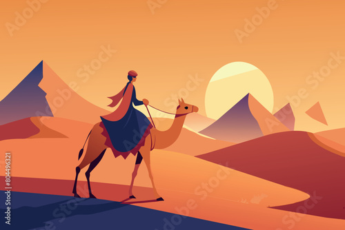 A camel and rider traverse the sandy dunes at dusk