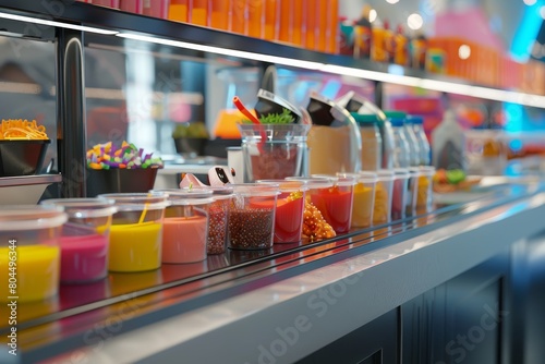 A colorful display of condiments and sauces, including a variety of green photo