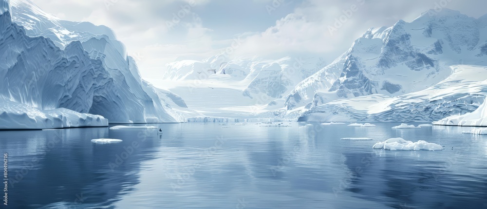 A beautiful photo of a glacier in Antarctica. The water is a deep blue and the icebergs are a bright white. The sun is shining and there are clouds in the sky. A beautiful photo of a glacier in Antarctica. The water is a deep blue and the icebergs are a bright white. The sun is shining and there are clouds in the sky.