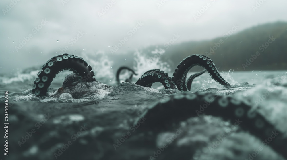 Mysterious monster Cthulhu in the sea, huge tentacles sticking out of the wate