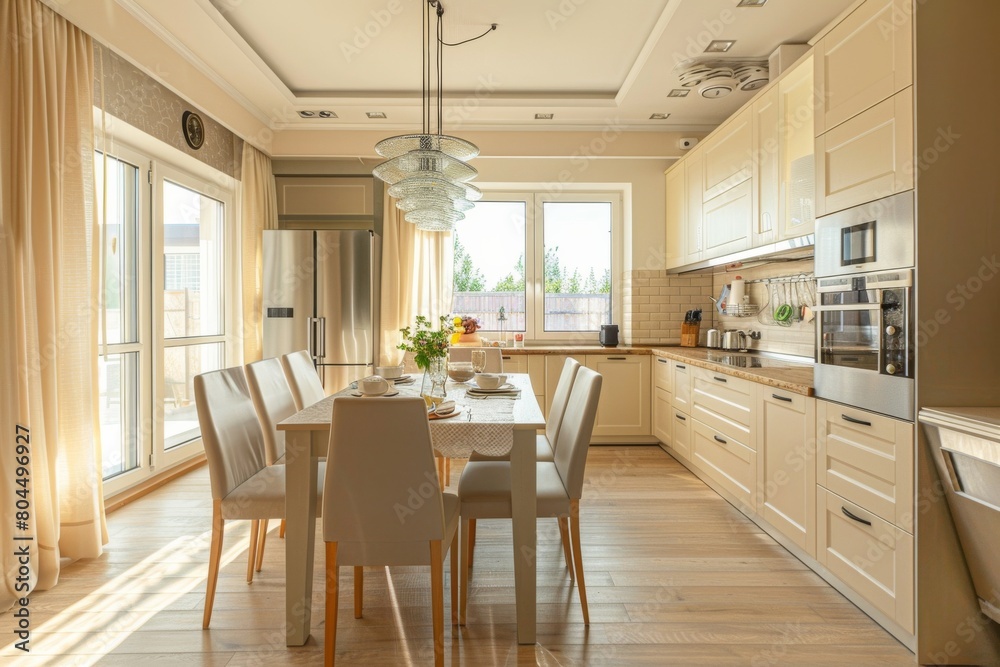 Sunlit Modern Kitchen and Dining Room Interior with Elegant Design