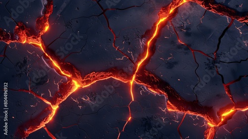 Fire or magma glows through ground cracks in top view on a black background with modern realistic lightning, electric impacts and cracks in land.