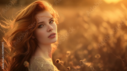 Young woman in warm sunlight filtering through foliage, highlighting her gentle gaze © Mars0hod