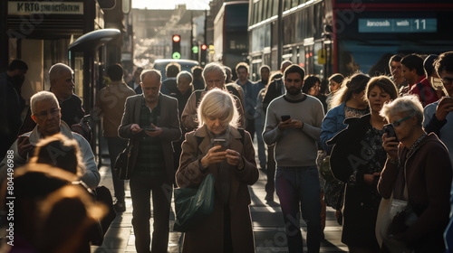 European busy street people with phones. Pedestrians on a bustling street focused on their phones, with blurred city life in the background photo