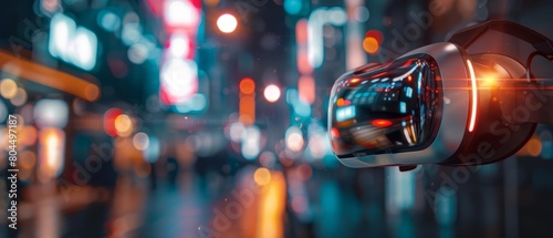 A high-tech VR headset is floating in the air in front of a blurred background of a busy city street at night.