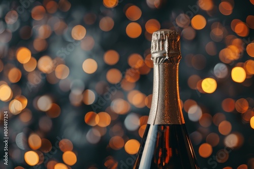 Festive Champagne Bottle with Golden Lights Bokeh Background © AlexCobalt