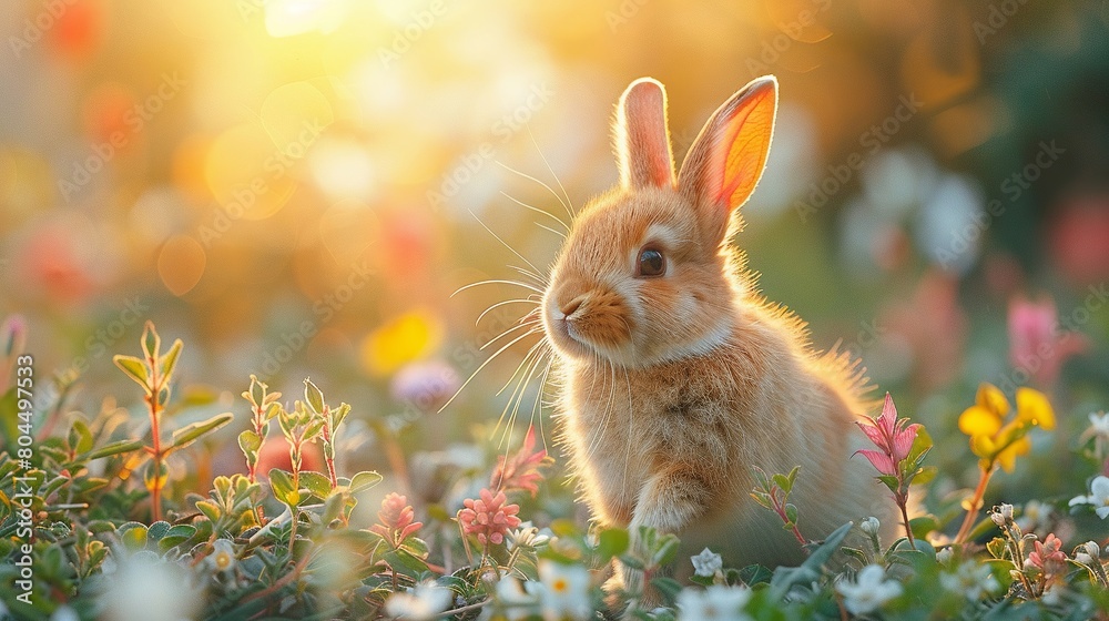 A cute brown rabbit with fluffy fur hops through a field of green grass