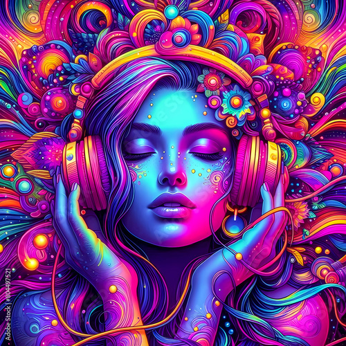 Digital art vibrant colorful psychedelic beautiful woman with headphones vibin to music