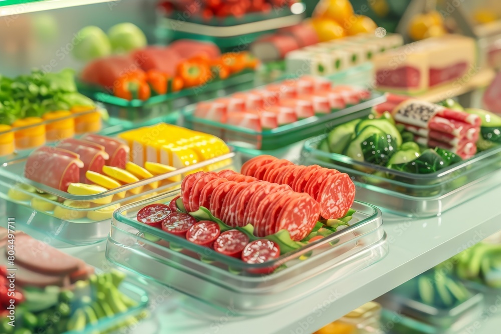 A display of meat and vegetables in a grocery store