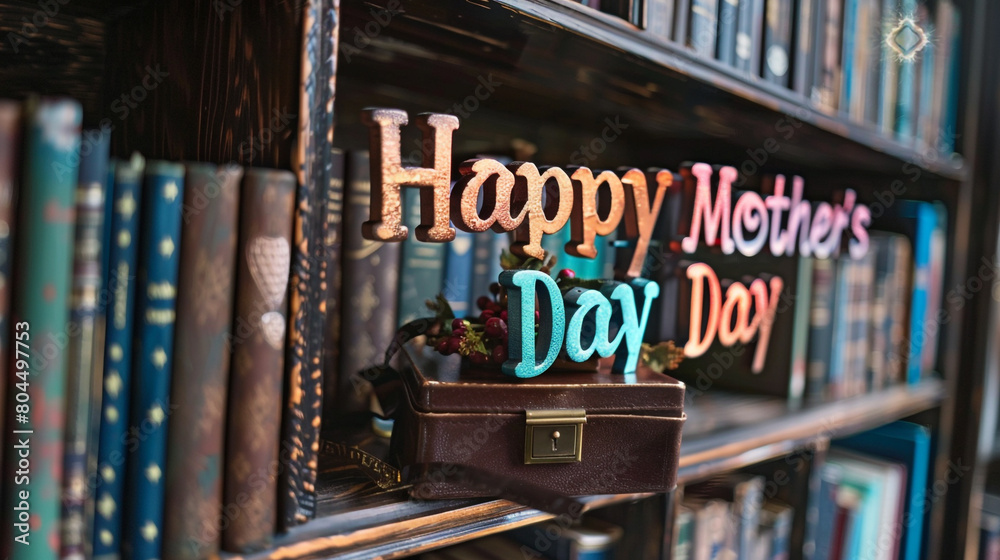 Happy Mother's Day on a vintage bookshelf background with a leather-bound gift box. Shiny text word colors.
