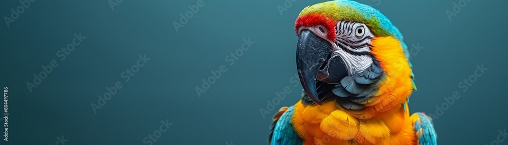 A vibrant and fancy dressed parrot perched gracefully featured on a clear minimalist background with space reserved for text
