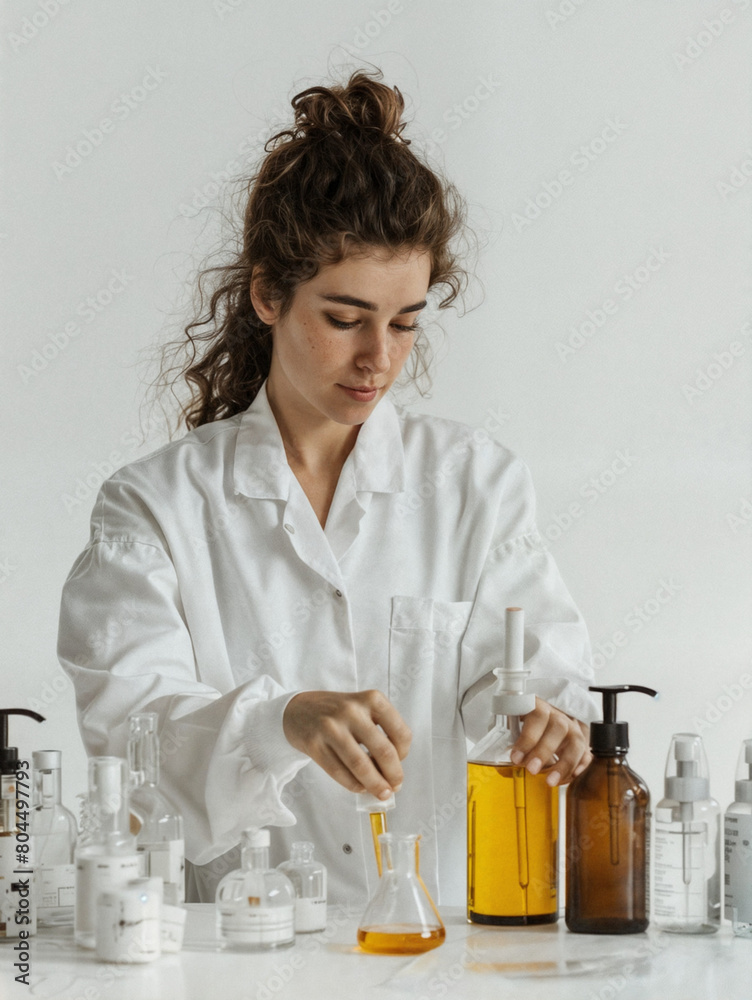 Young woman scientist conducts an experiment in the laboratory. Chemical research. Young woman scientist conducts an experiment in the laboratory. Chemical research.