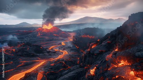 Volcano erupts, spewing lava and ash as dusk settles over the stark landscape © Mars0hod