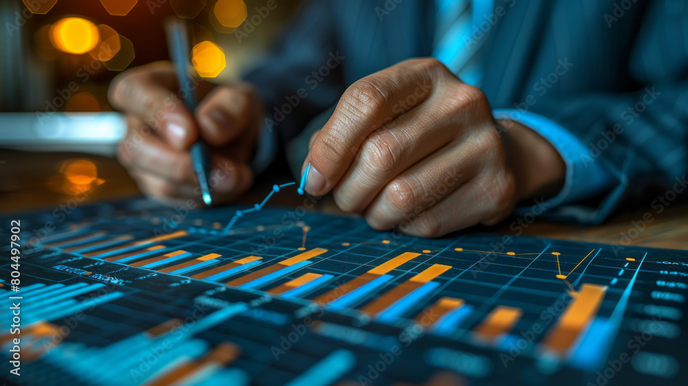 Businessman draw growth graph and progress of business and analyzing financial and investment data ,generative ai Businessman draw growth graph and progress of business and analyzing financial and investment data ,generative ai