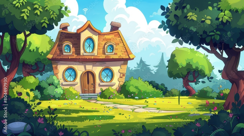 House with wooden windows and doors on lawn with trees, bushes, green grass and flowers. Cartoon modern illustration of forest natural landscape with home or cottage over blue sky.