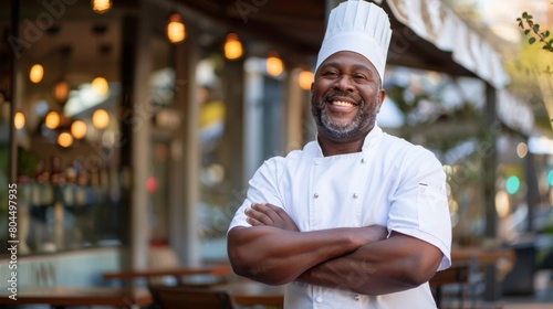 A Smiling Chef in Outdoor Setting photo