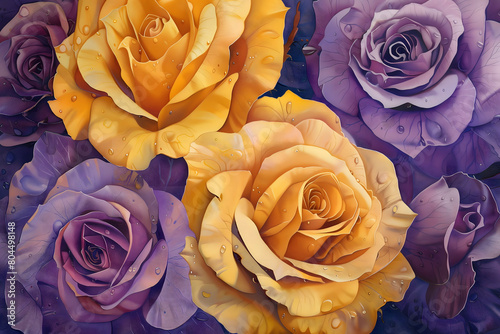 Illustration of yellow and purple roses with dew drops on them photo