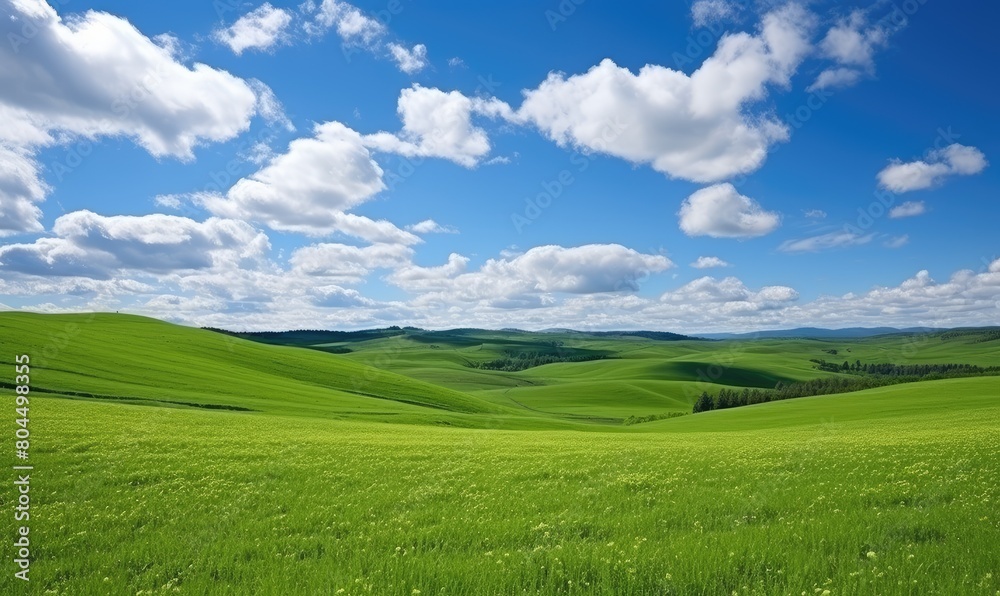 Fototapeta premium Tranquil beauty of springtime nature in peaceful countryside landscape. Green grass, blue sky, white clouds, rolling hills