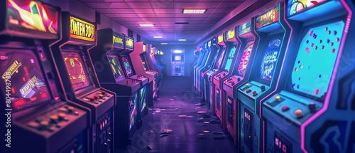 An 80s retro arcade with neon lights and vintage arcade cabinets. The atmosphere is dark and mysterious, with a hint of nostalgia.