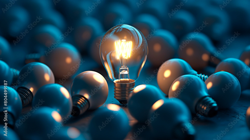 © Creative mind - A illuminated light bulb Amidst unlit light bulbs. For concept of innovation, creativity and standing out in the crowd.