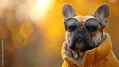 French bulldog in sunglasses and warm jacket. Created with Ai