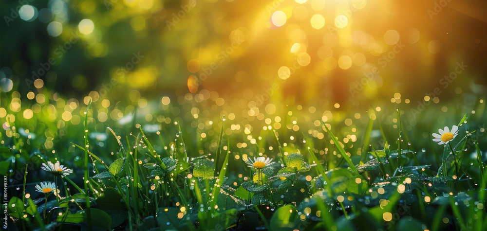 Morning green meadow with fresh grass  with water drops. Close up grass field with sunny bokeh background. Summer nature concept. Springtime banner with copy space.