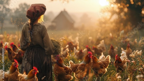 A farmhand feeding chickens in the early morning, the clucking a cheerful noise. Photorealistic. HD. photo
