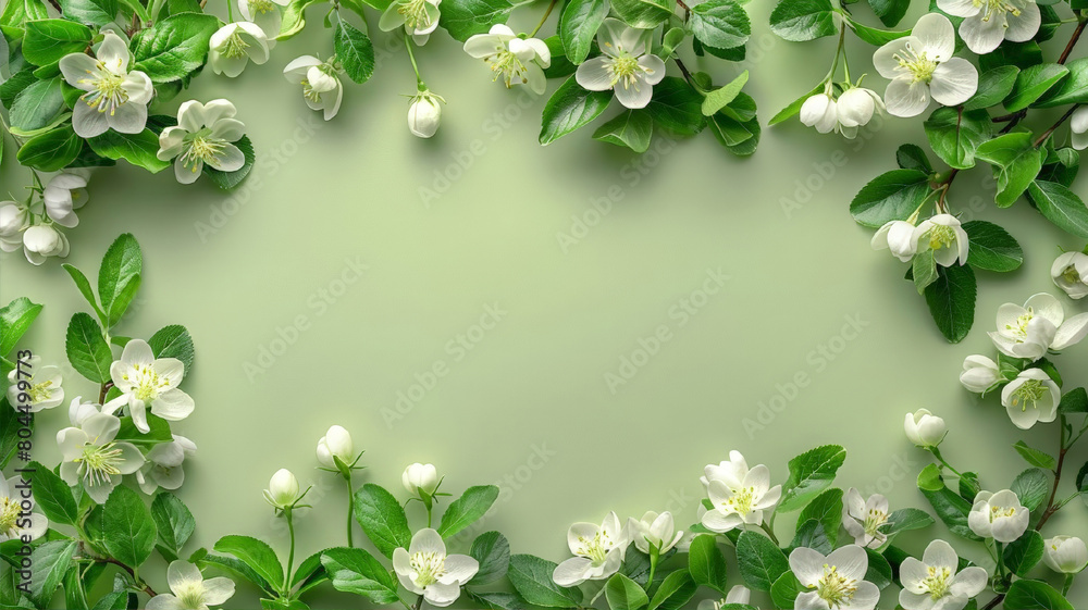 Fototapeta premium Frame white spring flowers on light green background. Greeting card for woman or mothers day, Easter, wedding, Birthday. Botanical illustration template with space for text, close up.