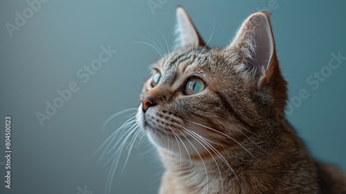 A fancy cat with vibrant eyes sitting elegantly against a lowdetail clear background ideal for adding promotional messages
