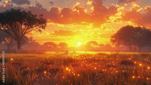 African savanna at sunrise  acacias and grasses hosting a symphony of bird calls. Photorealistic. HD.