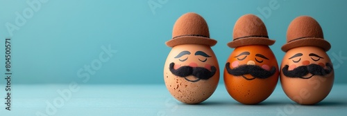 A trio of charming Easter eggs adorned with mustaches and hats set against a blue background  showcasing a concept of ample space for Easter celebration banner creation  presenting a whimsical cartoon