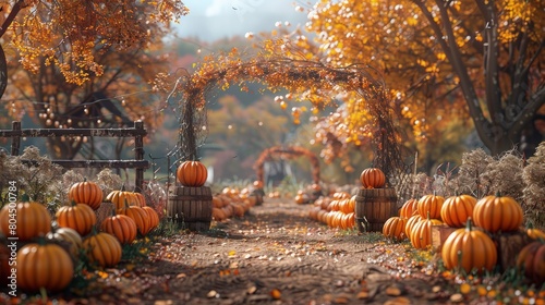 Autumn festival at a nature reserve, pumpkin decorations, hayrides, family-oriented fun. Photorealistic. HD. photo