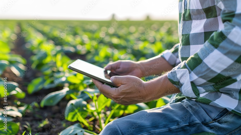 Agronomist using tablet to record crop growth data, close up, digital agriculture, field data collection