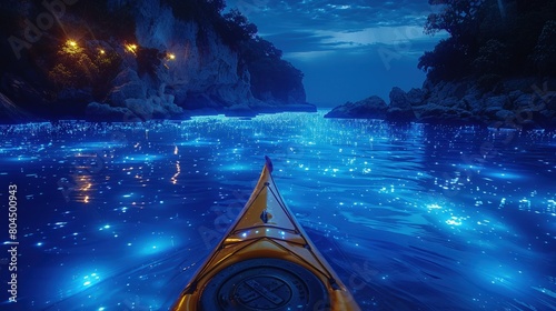 Bioluminescent bay at night, glowing water, magical kayak experience. Photorealistic. HD.