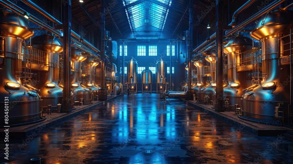 Blue lights enhancing the mood in a brewery. Photorealistic. HD. Blue lights enhancing the mood in a brewery. Photorealistic. HD.
