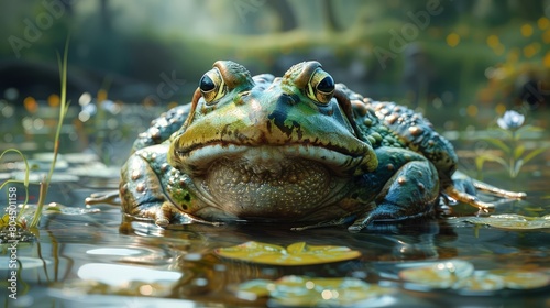 Bullfrog at pond s edge  large  commanding presence. Photorealistic. HD.