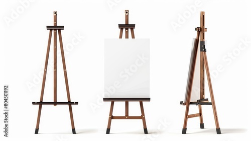 Modern illustration of black and brown wooden tripod mockup for canvas, front view, art studio or painting school design elements.