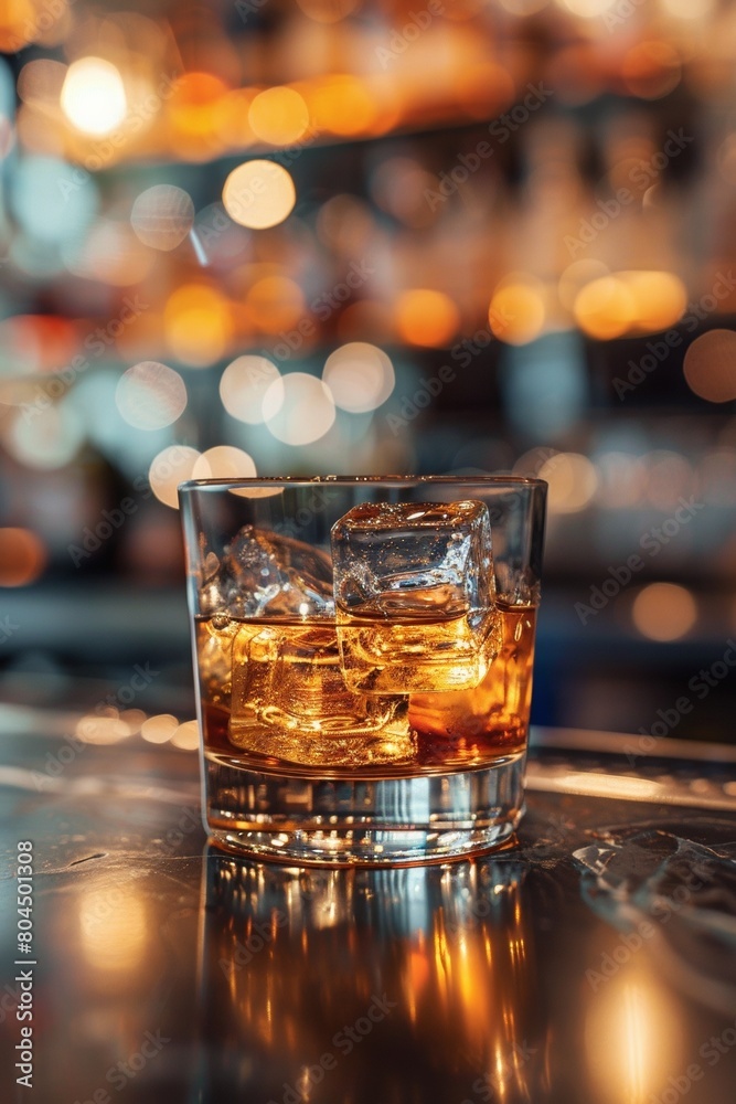 A well-stocked whiskey bar with a variety of bottles, ice, and elegant glassware. A well-stocked whiskey bar with a variety of bottles, ice, and elegant glassware.