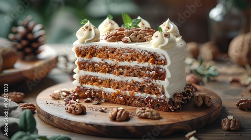 Carrot cake, layers of cream cheese frosting, walnut garnish. Photorealistic. HD. photo