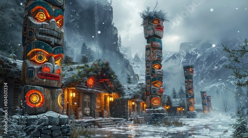 Carved totem poles in an Arctic village, cultural heritage standing against harsh elements. Photorealistic. HD. photo