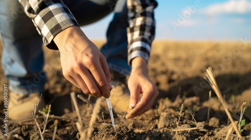 Agribusiness consultant testing soil fertility, close up, hands with testing tools, soil health management  photo