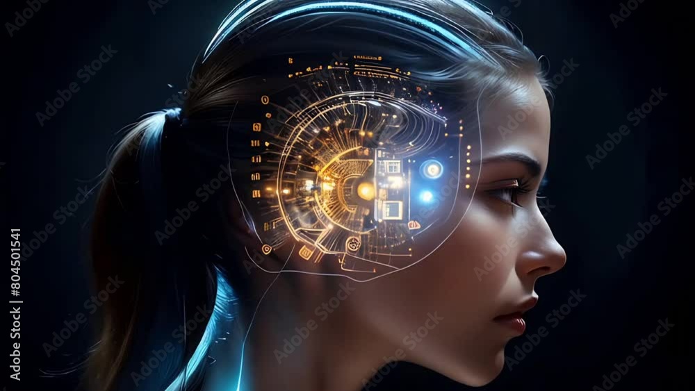 Profile of a woman with a digital brain interface changing to a woman with futuristic blue light technology swirling around her head on a dark background

