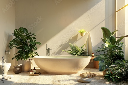 A bathroom with a white bathtub and a Earth tones wall