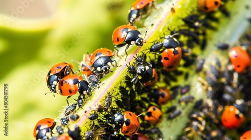 Close up of natural predator insects on crops, ladybugs eating aphids, biological control 