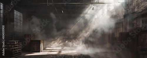 A dimly lit, abandoned warehouse filled with dense smoke creating a mysterious atmosphere, photo
