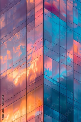clouds at twilight reflecting in a skyscraper s glass facade  creating an illusion of the building ablaze with color