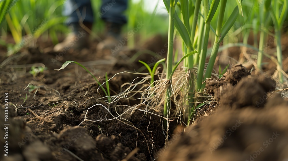 Fototapeta premium Close up of microbial inoculant being applied to crop roots, enhancing soil biology 