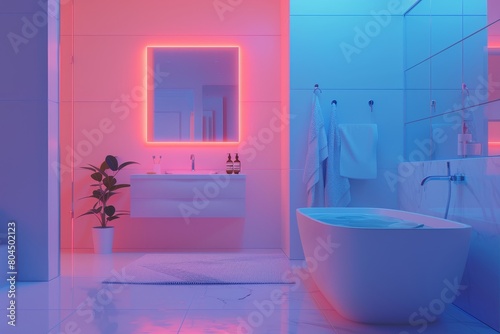 A bathroom with a pink and colorful color scheme
