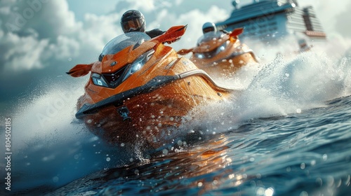 Couple on jet skis racing near a cruise ship, exciting, splashing water, competitive. Photorealistic. HD.