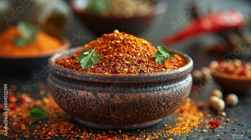 Creole seasoning, spicy and robust, in a ceramic bowl. Photorealistic. HD.